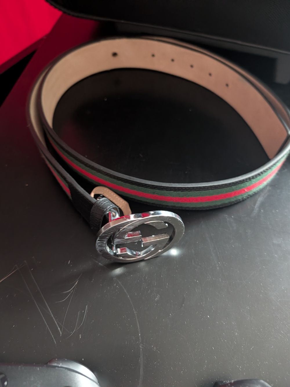 Men's Black Leather Belt with Green and Red Stripe